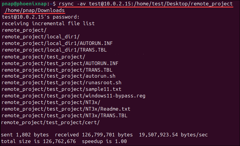 Retrieve directory from remote server using rsync.