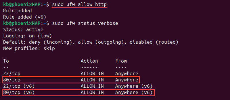 sudo ufw allow http port 80 terminal output