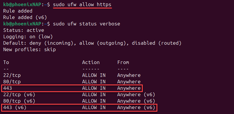 sudo ufw allow https port 443 terminal output