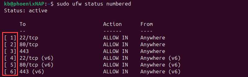 sudo ufw status numbered terminal output