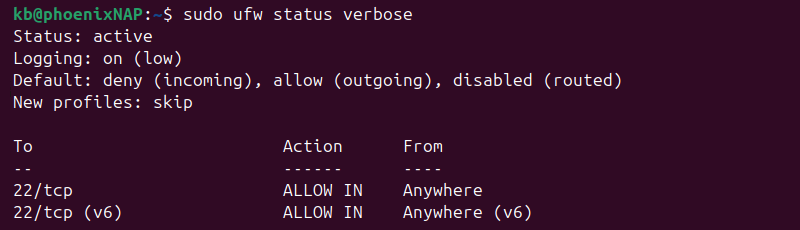 sudo ufw status verbose terminal output