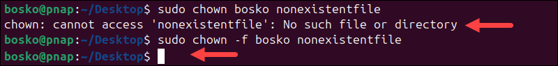 Suppressing chown command errors with the -f option.