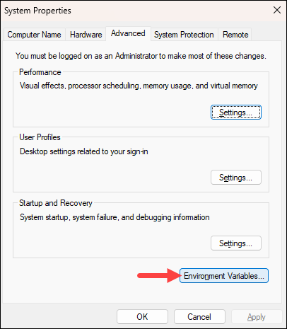 Opening system properties in Windows.