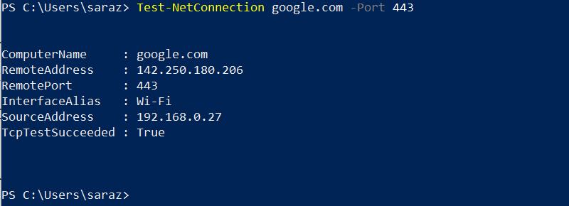 Test-NetConnection google.com -p 443 Power Shell output