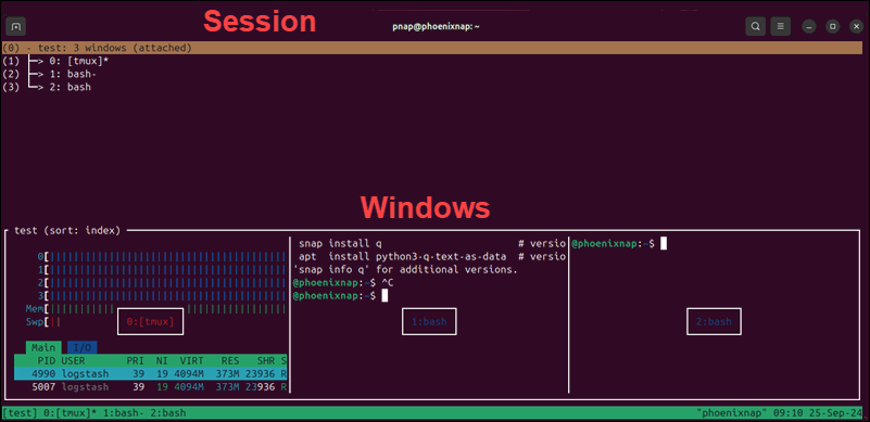 An example of a tmux session with multiple windows.