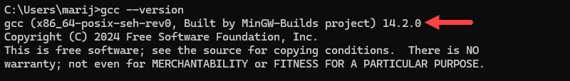 Verifying GCC installation on Windows.