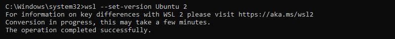 wsl --set-version Ubuntu 2 cmd output