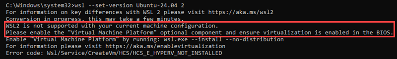 WSL2 upgrade virtualization not enabled cmd output