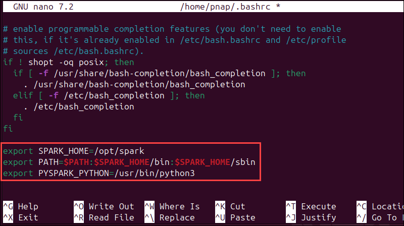 Adding Spark environmental variable in the .bashrc file.