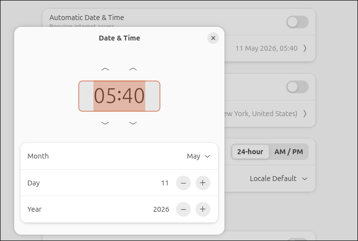 Adjust the system time and date in the Ubuntu GUI.