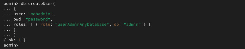 admin mongodb create user output