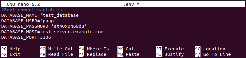 An example .env file containing five key-value pairs.