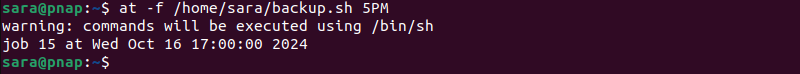 at -f /home/sara/backup.sh 5PM terminal output