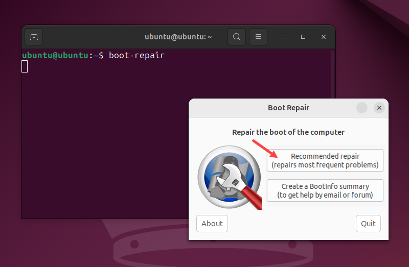 Boot repair tool in Ubuntu with the recommended repair option.