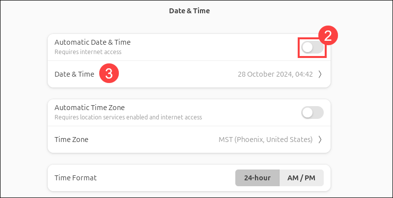 Changing the date and time in the Ubuntu GUI menu.