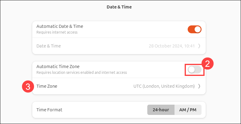 Changing the timezone in the Ubuntu GUI.