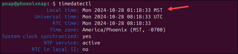 Checking date, time, and timezone settings in Ubuntu.