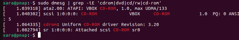 sudo dmesg | grep -iE 'cdrom|dvd|cd/rw|cd-rom' terminal output