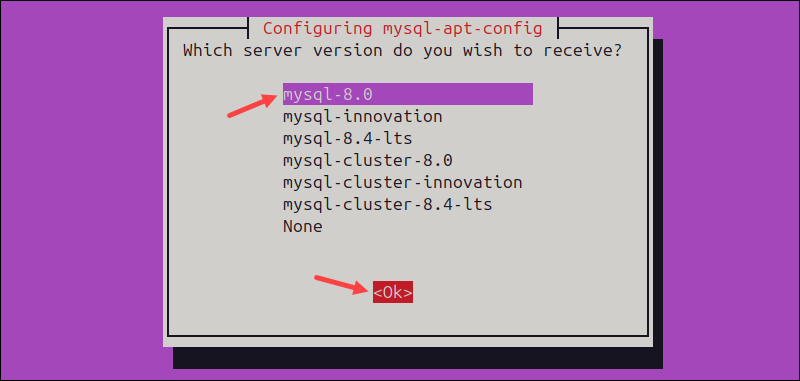 The server version page of the mysql-apt-config configuration dialog.