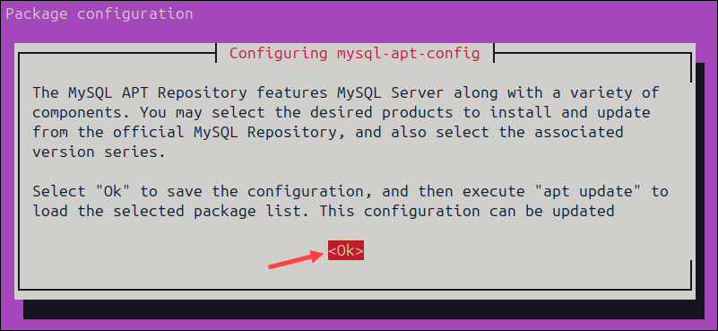 The mysql-apt-config configuration dialog.