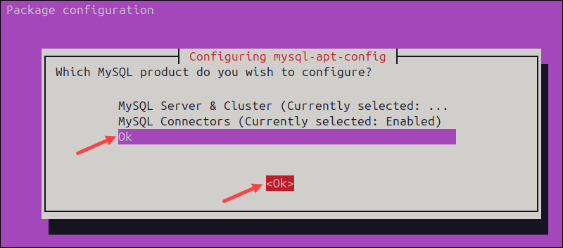 The product selection page of the mysql-apt-config configuration dialog after configuring the server.