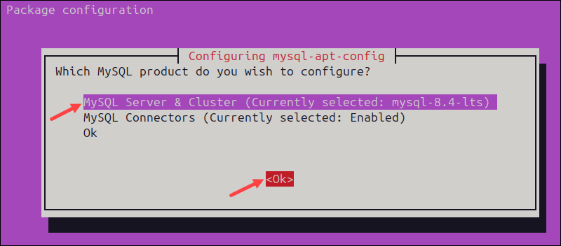 The product selection page of the mysql-apt-config configuration dialog.