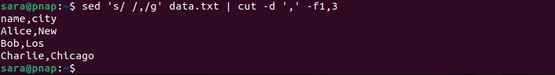 sed 's/ /,/g' data.txt | cut -d ',' -f1,3 terminal output