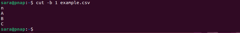 cut -b 1 example.csv terminal output