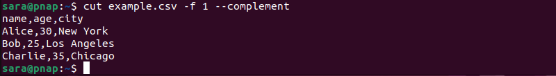 cut example.csv -f 1 --complement terminal output