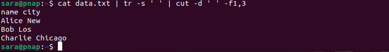 cat data.txt | tr -s ' ' | cut -d ' ' -f1,3 terminal output