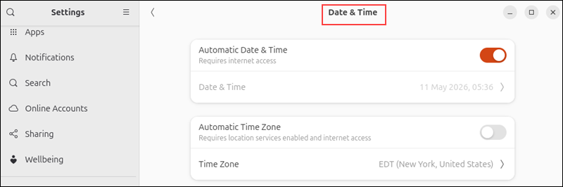 Options in the Ubuntu Date & Time panel.