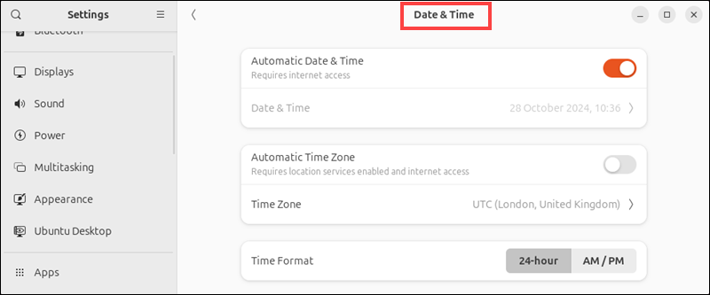 Options in the Ubuntu Date & Time panel.