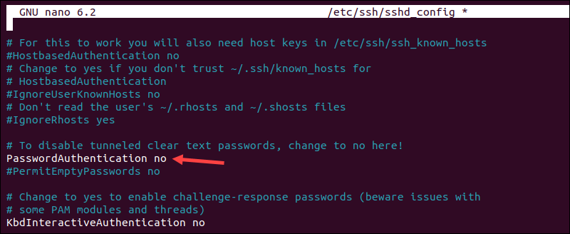 Disabling password authentication for SSH connections.