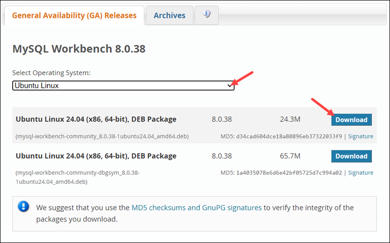 Downloading MySQL Workbench DEB package.