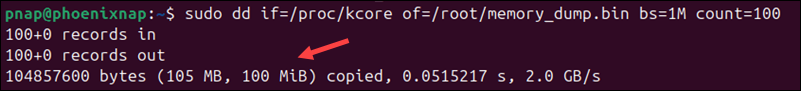 Using the dd command to create a memory dump file.