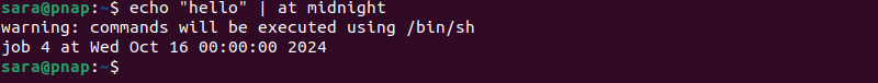echo "hello" | at midnight terminal output