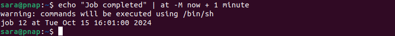 Terminal output for echo "Job completed" | at -M now + 1 minute 