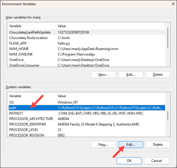 Editing the path environment variable in Windows.