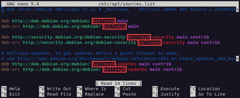 The location of bullseye references in the sources.list file.
