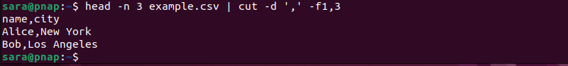 head -n 3 example.csv | cut -d ',' -f1,3 terminal output