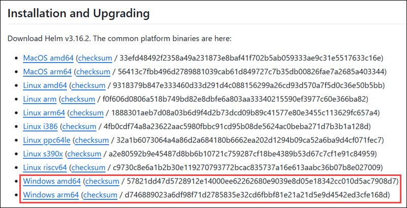 Downloading Helm for Windows from the official GitHub page.