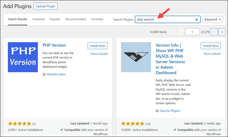 PHP version plugin search in WordPress.