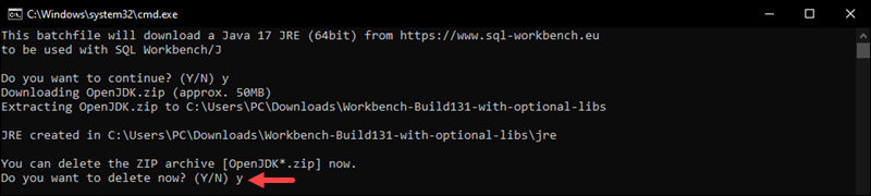 JRE delete zip archive CMD output
