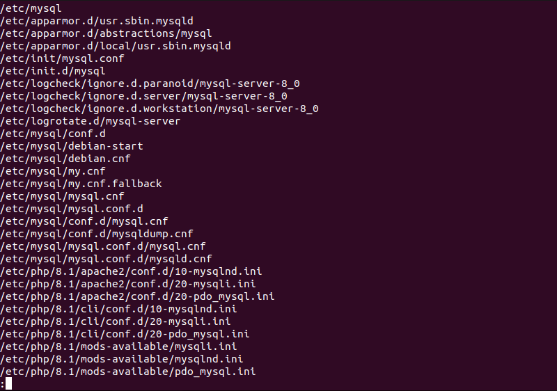 locate mysql | less terminal output