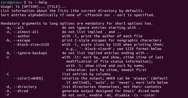 ls --help terminal output