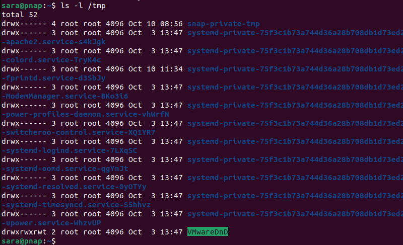 ls -l /tmp terminal output