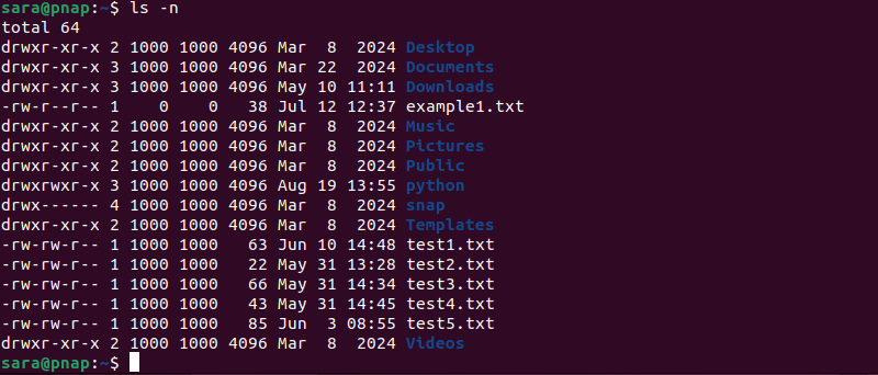 ls -n terminal output