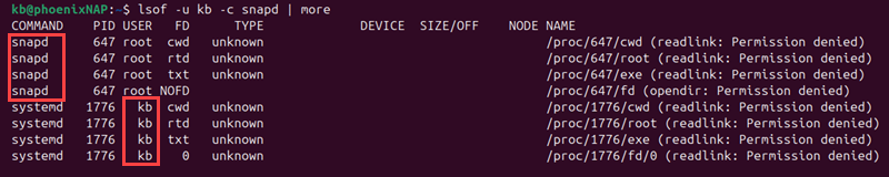 lsof -u kb -c snapd terminal output