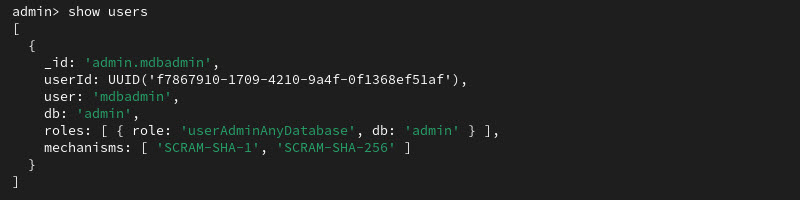 MongoDB admin show users admin output