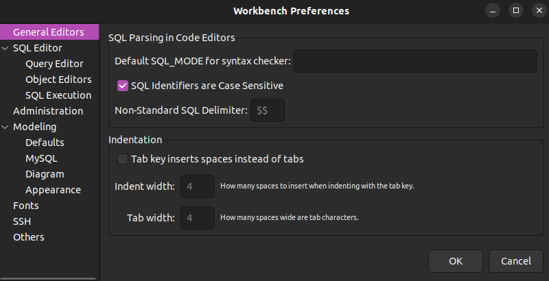 The Workbench preferences window.